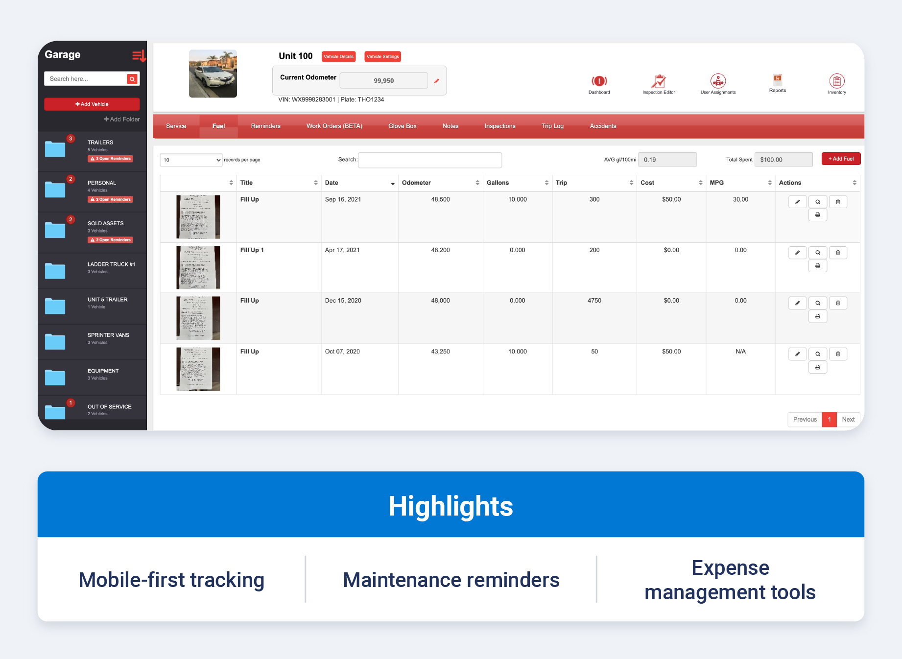 AUTOsist fleet management dashboard with callouts for mobile-first tracking, maintenance reminders and simple expense management tools for small fleets.